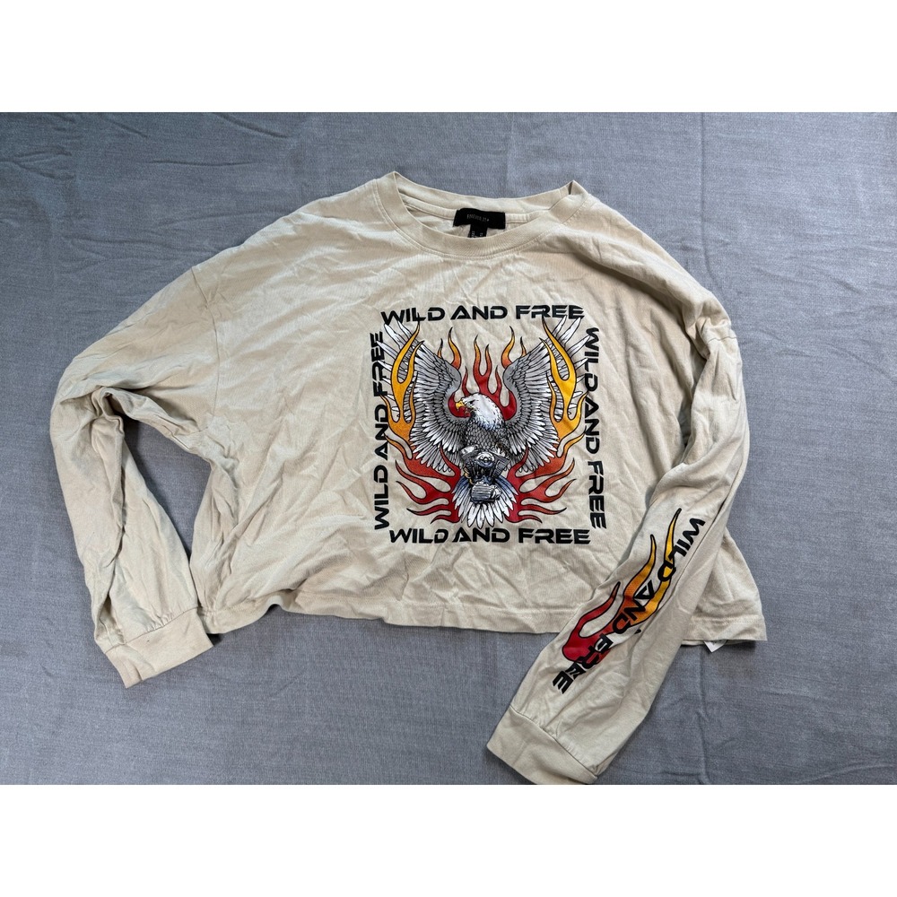 Forever 21+ Crop Shirt Womens 3X Beige Wild And Free Eagle Graphic Long Sleeve